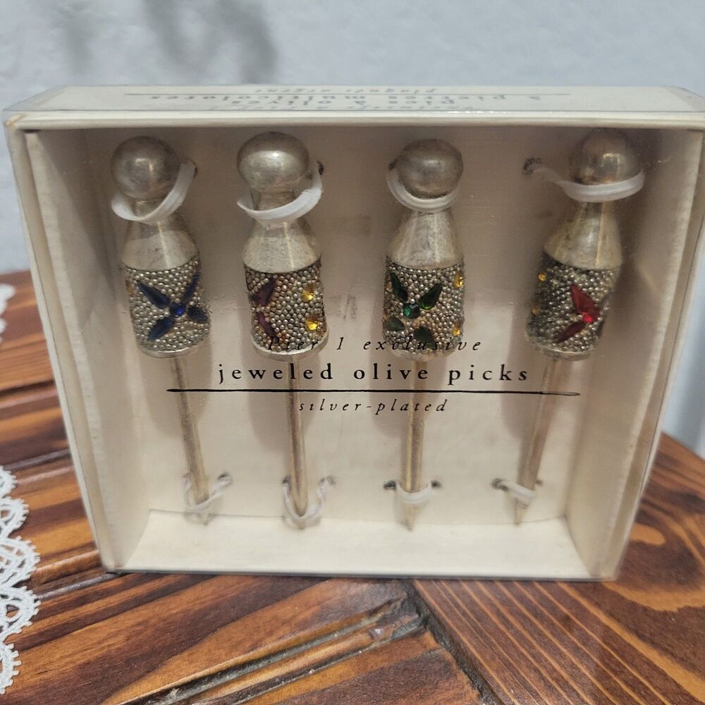 Vtg Pier 1 Exclusive Jeweled Silver Plated Olive Picks Jeweled Fancy Heavy Duty